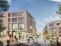 Belebtes Treiben in der Herten Innenstadt: Menschen flanieren vor modernen Backsteingebäuden mit großen Fensterfronten und Cafés.