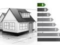 Ein Haus mit Messlinien und einer Skala von A bis H, die die energieeffizienzklasse haus darstellt.
