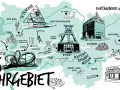 Karte des Ruhrgebiets mit Sehenswürdigkeiten wie dem Tetraeder Bottrop, dem Dortmunder U und dem Landschaftspark Duisburg-Nord.