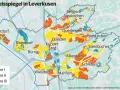 Mietpreisspiegel Leverkusen: Karte zeigt Zonen I (blau), II (gelb) und III (orange) für verschiedene Stadtteile wie Hitdorf, Opladen und Schlebusch.