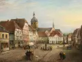 Gemälde eines belebten Marktplatzes in Recklinghausen mit Fachwerkhäusern, Kutschen und Menschen.