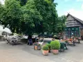 Einladende Sitzgelegenheiten unter einem großen Baum im naturerlebnisgarten Herten. Der Spargelhof mit grünen Türen und der Aufschrift "Eingang" ist im Hintergrund zu sehen.