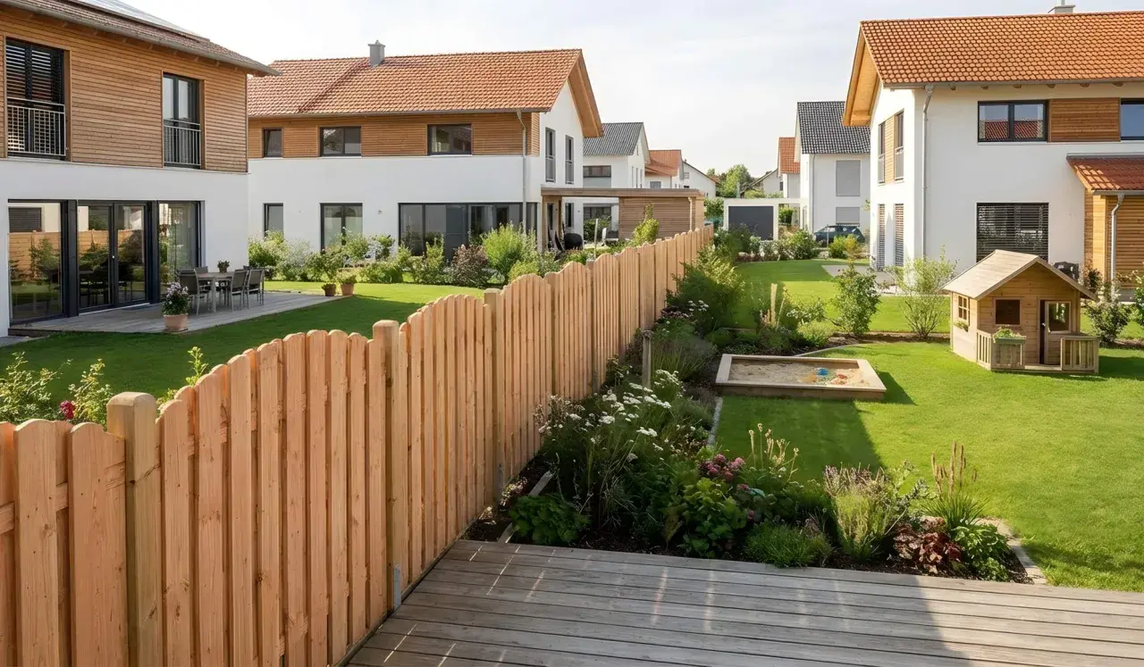 Holzzaun als sichtschutz garten ideen, mit Spielhaus und Sandkasten für Kinder.