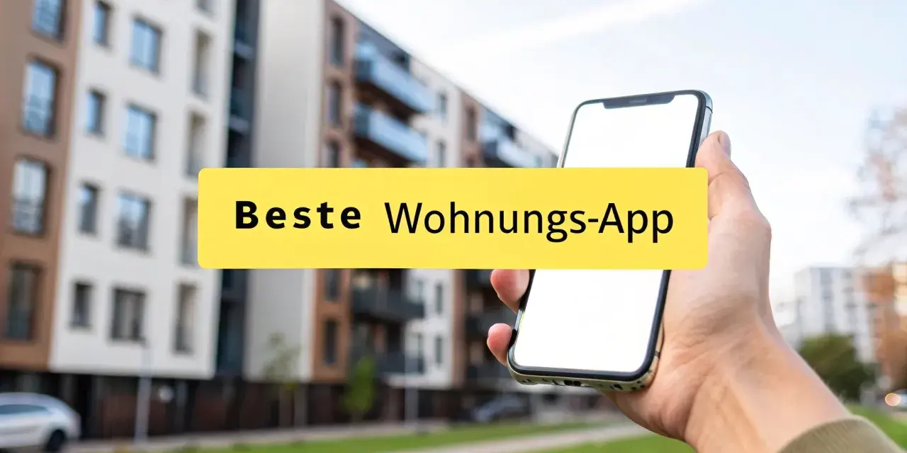 Hand hält Smartphone mit der Aufschrift "Beste Wohnungs-App" vor modernen Gebäuden.