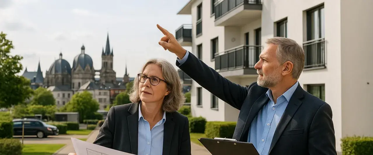 Immobilienpreise Aachen: Ein Mann zeigt auf ein neues Gebäude, während eine Frau Pläne studiert. Im Hintergrund die Aachener Domkuppeln.