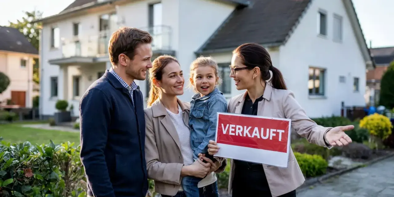 Glückliche Familie vor Haus mit "Verkauft"-Schild. Die Immobilienpreise in Siegen sind im Aufwind, und dieses Haus hat schnell einen neuen Besitzer gefunden.