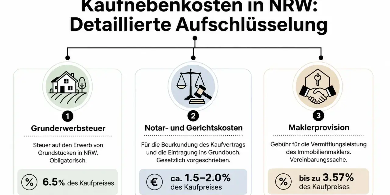 Übersicht der Kaufnebenkosten in NRW: Grunderwerbsteuer (6,5%), Notar-/Gerichtskosten (1,5-2%) und Maklerprovision (bis 3,57%).