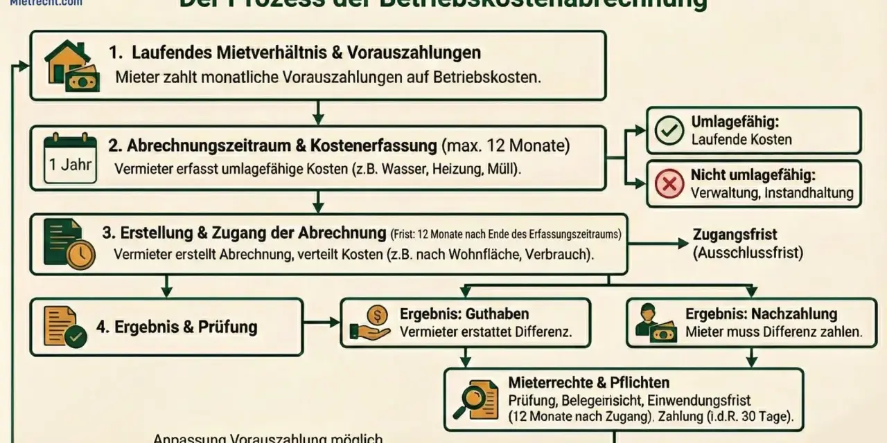 Ablauf der Betriebskostenabrechnung: Vorauszahlungen, Erfassung, Erstellung, Ergebnis. So können Sie Ihre nebenkostenabrechnung selber machen.