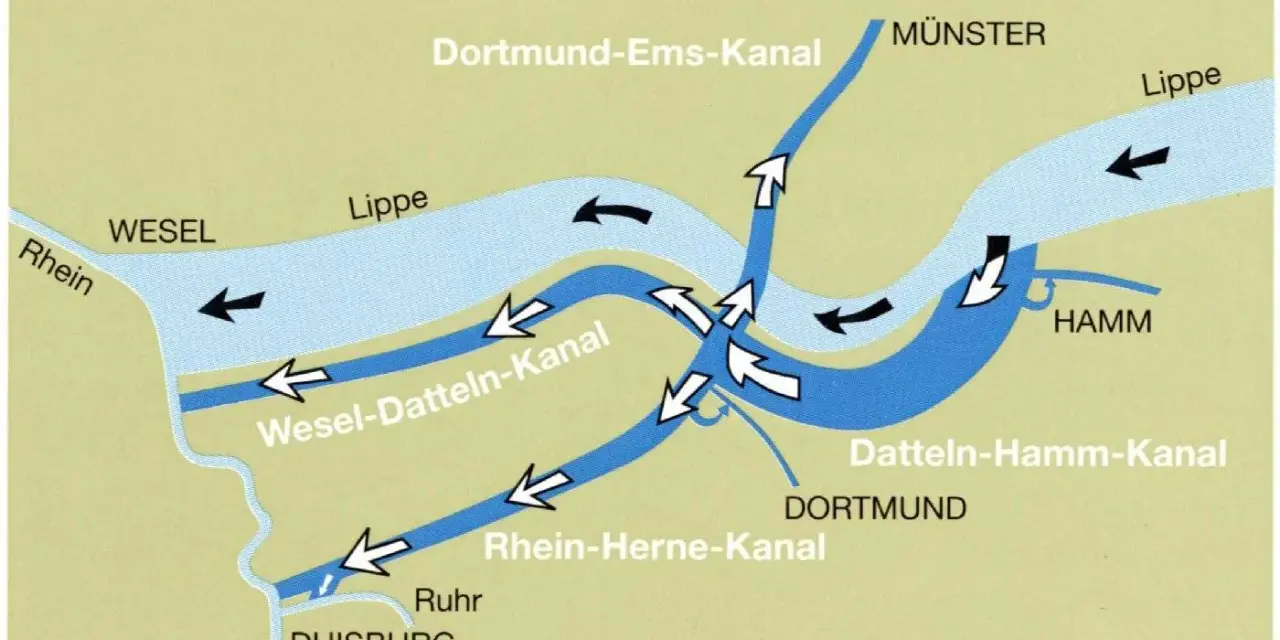 Karte des Wesel-Datteln-Kanals mit Verbindungen zu Rhein, Lippe, Dortmund-Ems-Kanal und Rhein-Herne-Kanal.