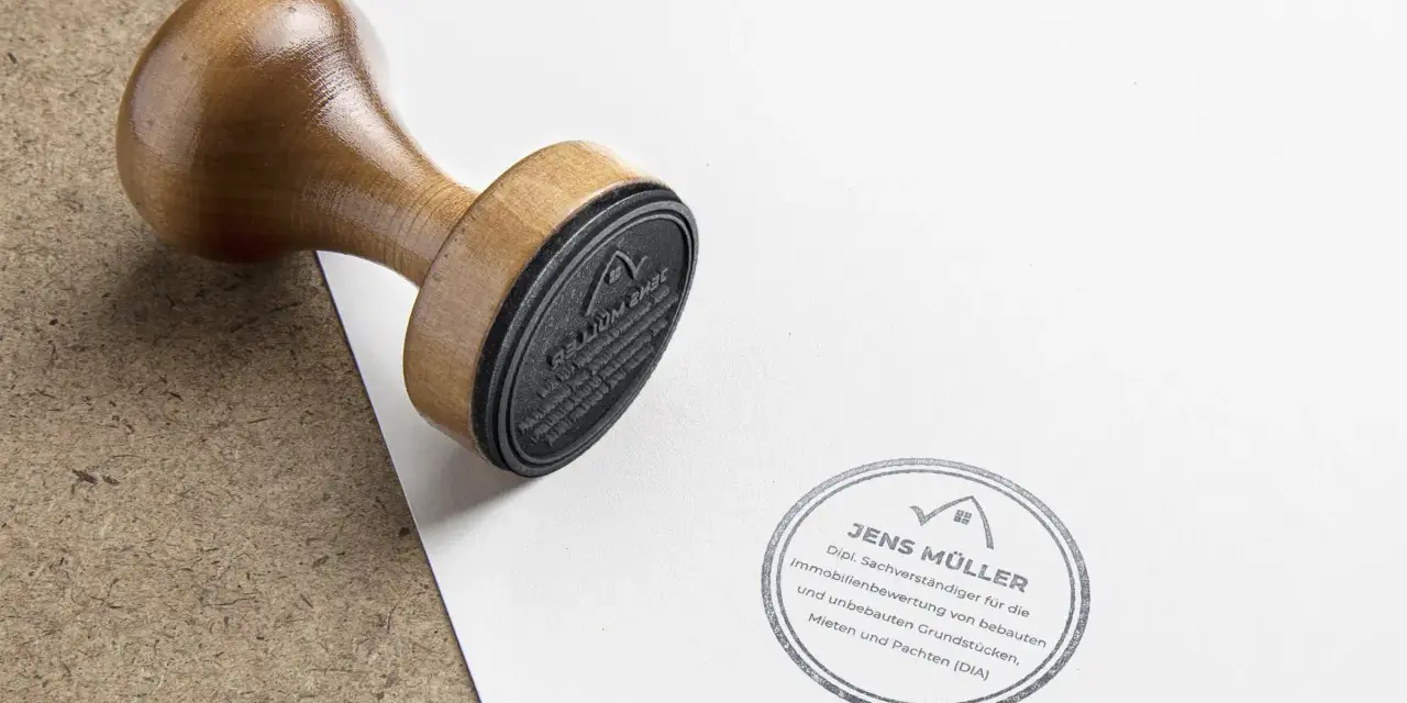 Holzstempel liegt auf Papier neben einem Stempelabdruck von Jens Müller, Sachverständiger für Immobilienbewertung. Infos zu Immobilienpreise Hamm.