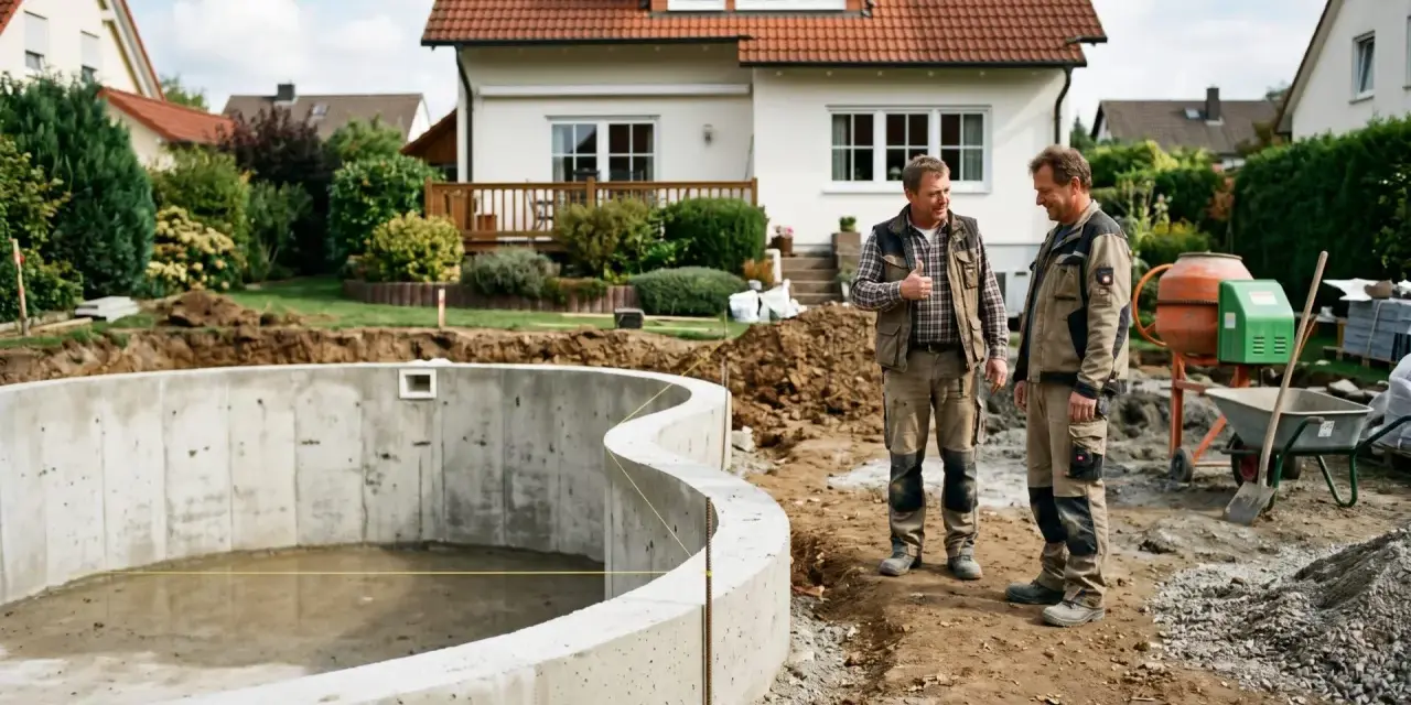 Zwei Bauarbeiter besprechen den Fortschritt eines Pools. Sie scheinen Wege zu finden, den **Bauzwang umgehen** zu können, indem sie kreative Lösungen für die Herausforderungen auf der Baustelle finden.