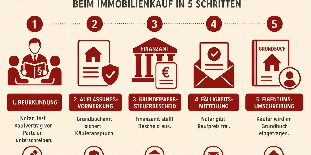 Ablauf beim Immobilienkauf: Notar liest Vertrag vor, Grundbuchamt sichert Anspruch, Finanzamt stellt Bescheid aus, Notar gibt Kaufpreis frei, Käufer wird im Grundbuch eingetragen. Notaranderkonto abgeschafft.