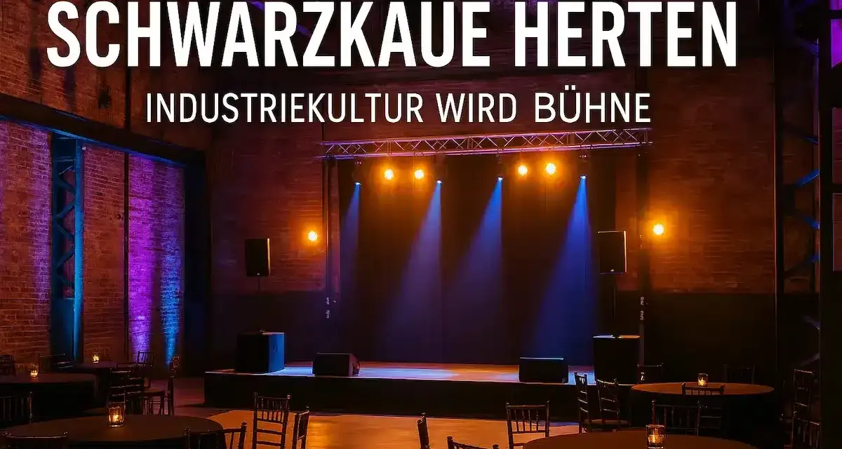 Bühne in der Schwarzkaue Herten, wo Industriekultur zum Leben erwacht. Tische und Stühle sind für Gäste bereit.