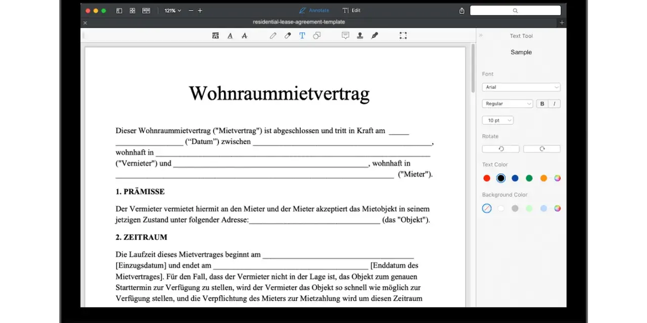 Ein Wohnraummietvertrag wird auf einem MacBook angezeigt. Eine kostenlose mietvertrag vorlage ist sichtbar.