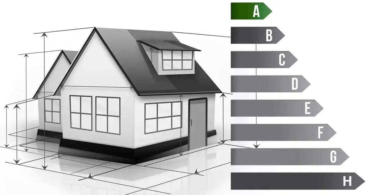 Ein Haus mit Messlinien und einer Skala von A bis H, die die energieeffizienzklasse haus darstellt.