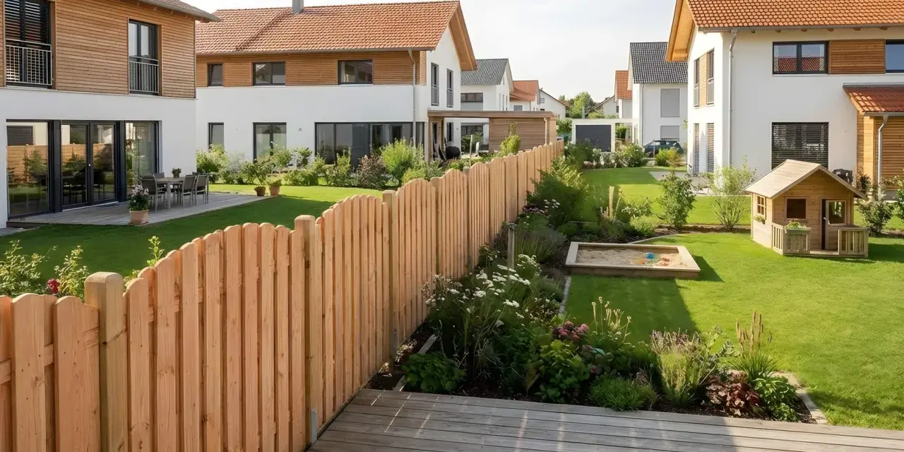 Holzzaun als sichtschutz garten ideen, mit Spielhaus und Sandkasten für Kinder.