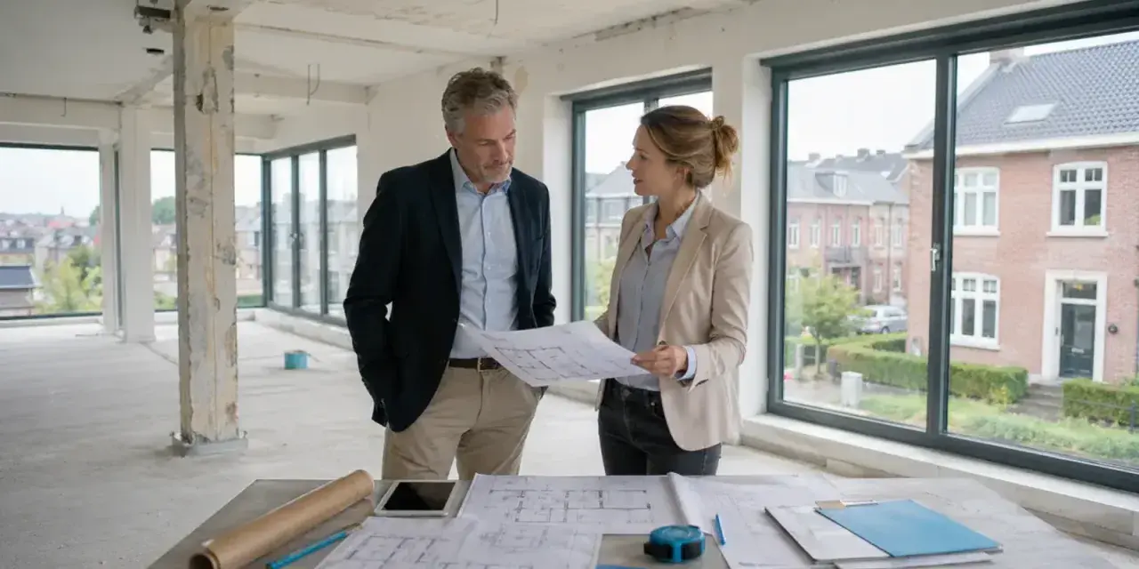 Architekten besprechen Pläne für die Umnutzung Gewerbe zu Wohnraum in einem Rohbau mit großen Fenstern und Blick auf Häuser.
