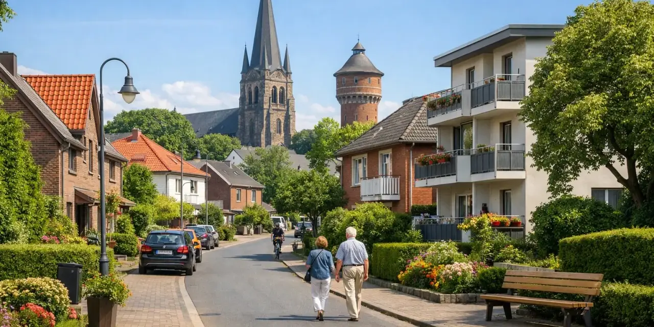 Idyllische Straße in Porta Westfalica mit Kirche und Wasserturm. Ein älteres Paar spaziert, während Autos parken. Der Mietspiegel Porta Westfalica spiegelt diese ruhige Wohngegend wider.