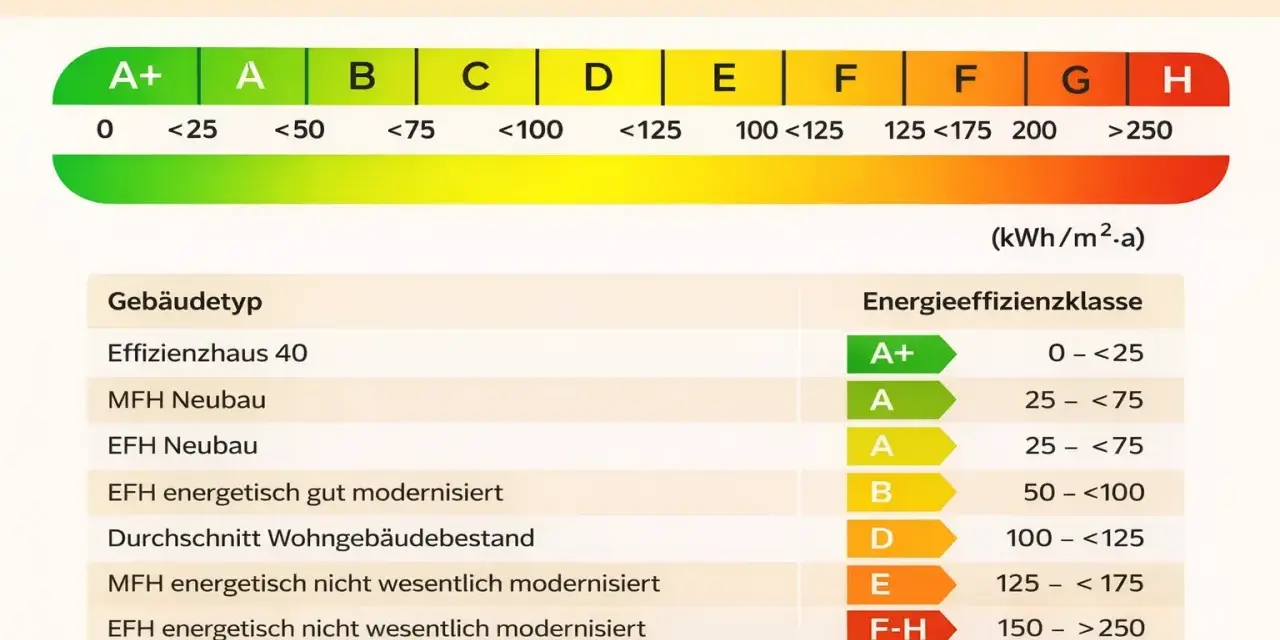 Vergleichswerte Endenergie: neuer energieausweis zeigt Effizienzklassen von A+ bis H für verschiedene Gebäudetypen.