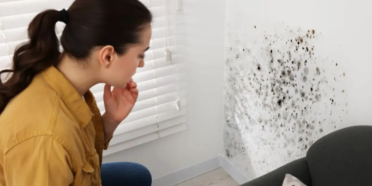 Frau entdeckt Schimmel an der Wand, ein Grund für Mietminderung.