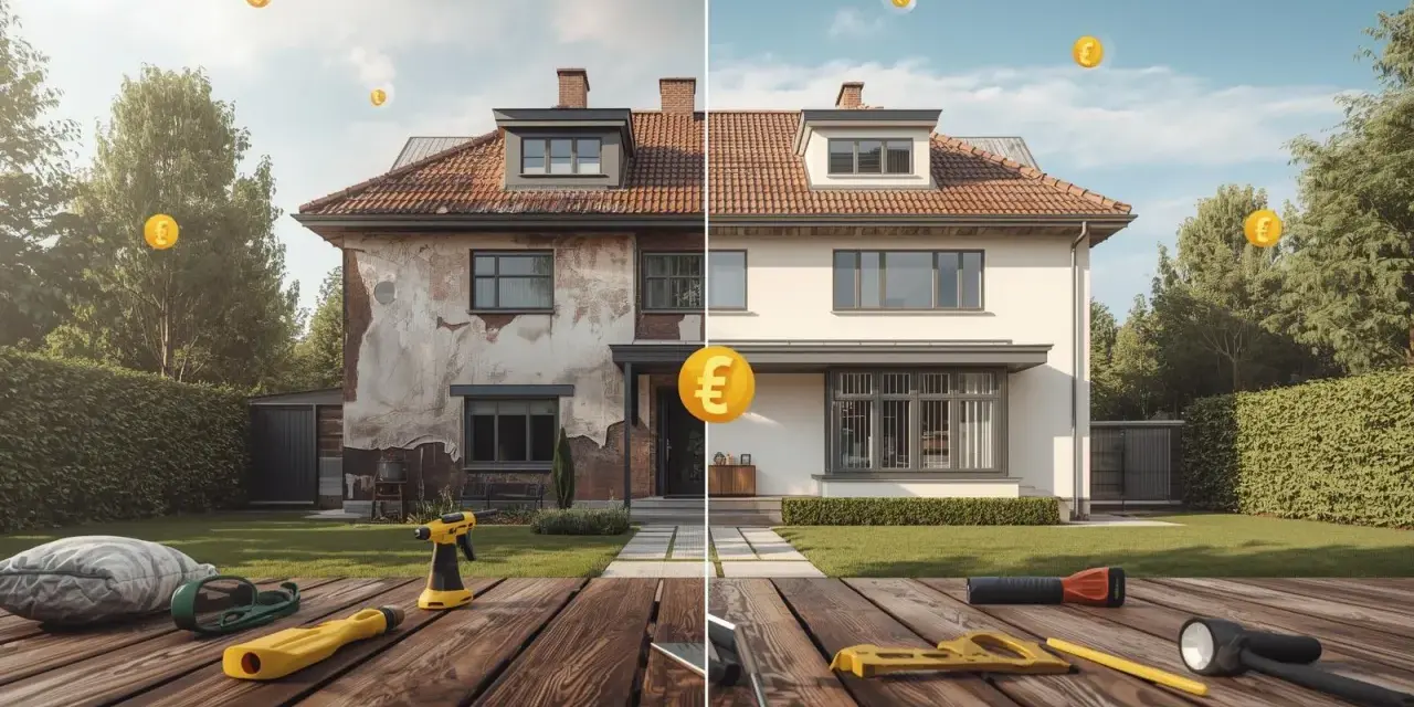 Vorher-Nachher-Vergleich: Ein altes Haus wird renoviert. Werkzeuge und Euro-Münzen symbolisieren die Kosten und den Wertzuwachs.