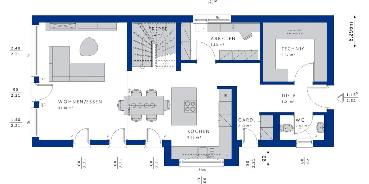 Grundriss Haus erstellen: Wohnen/Essen, Kochen, Arbeiten, Diele, WC, Garderobe, Technik, Treppe.