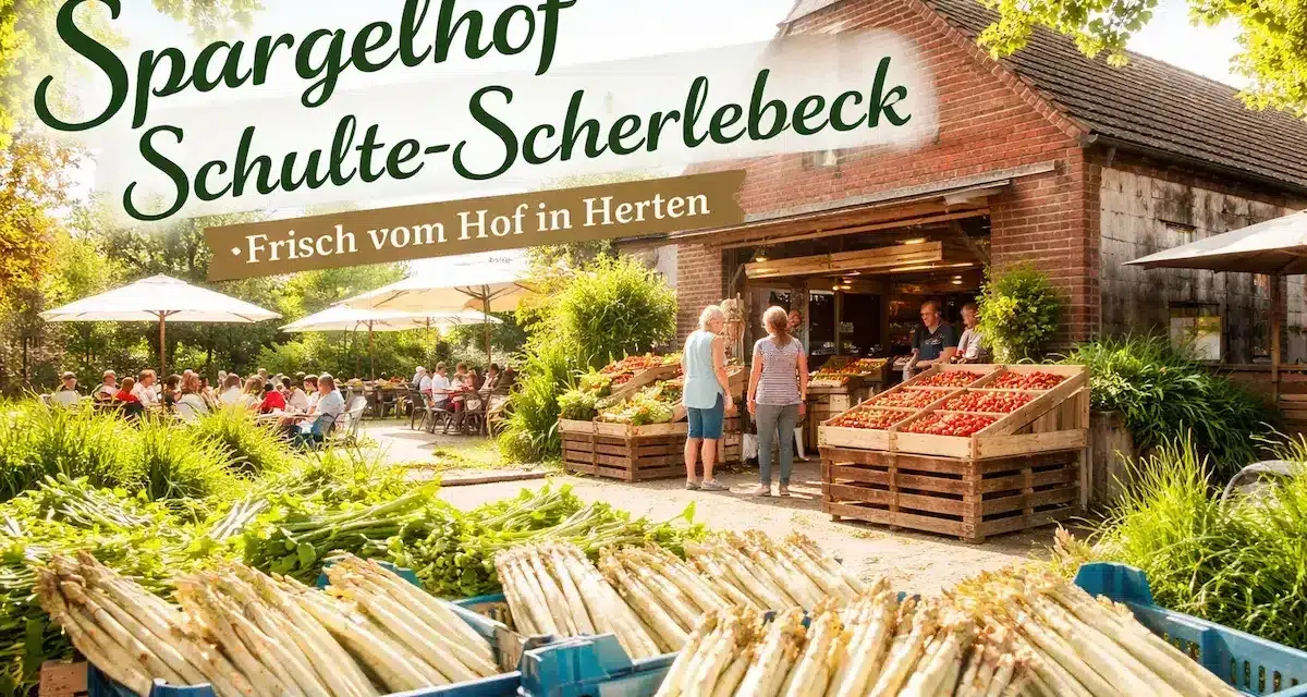 Frischer Spargel und Tomaten auf dem Spargelhof Schulte-Scherlebeck. Gäste genießen die Sonne unter Sonnenschirmen.