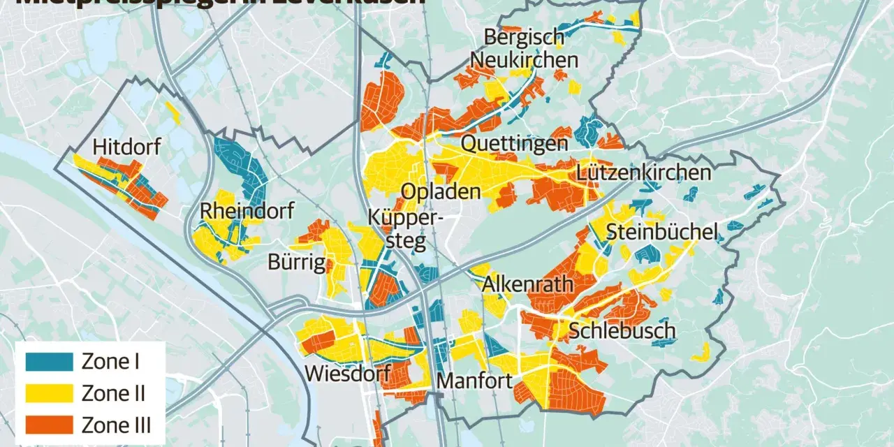 Mietpreisspiegel Leverkusen: Karte zeigt Zonen I (blau), II (gelb) und III (orange) für verschiedene Stadtteile wie Hitdorf, Opladen und Schlebusch.