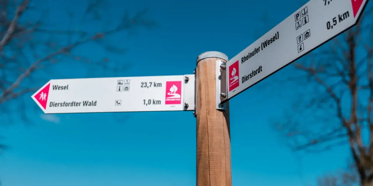 Wegweiser mit Zielen wie Wesel, Diersfordter Wald und Rheinufer (Wesel). Die hohe Mark steig ist gut sichtbar.