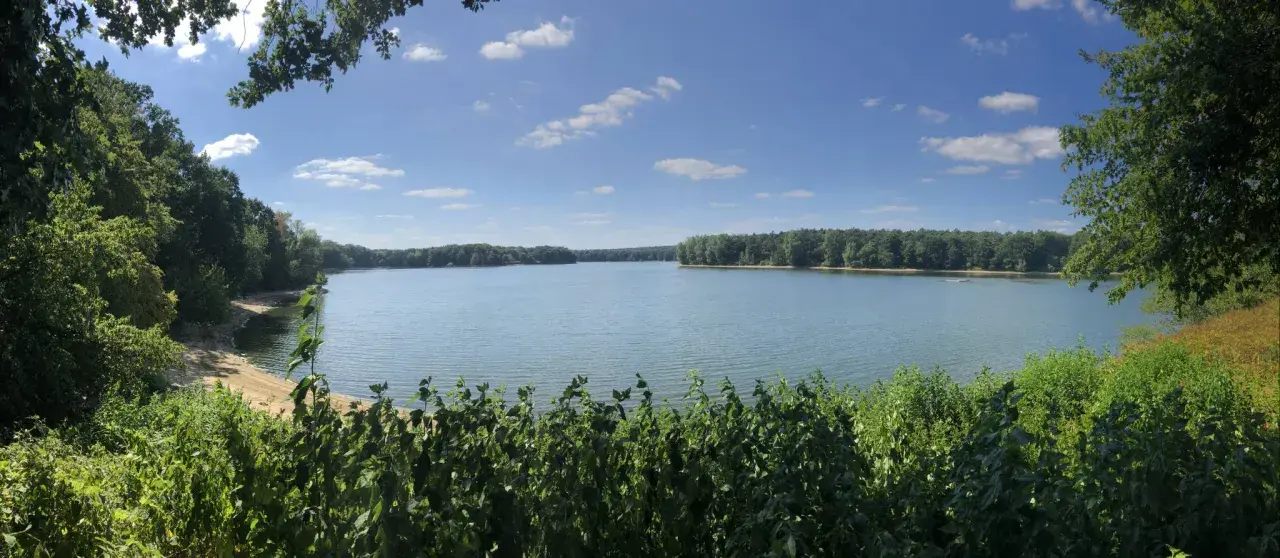 Ein ruhiger Tag am Hullerner Stausee. Grüne Bäume säumen das Ufer, das Wasser glitzert unter blauem Himmel mit weißen Wolken.
