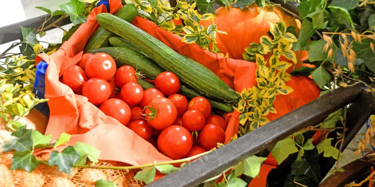 Frisches Gemüse wie Tomaten und Gurken, dekoriert mit Efeu und Kürbissen, erinnert an einen bunten markt kreis recklinghausen.