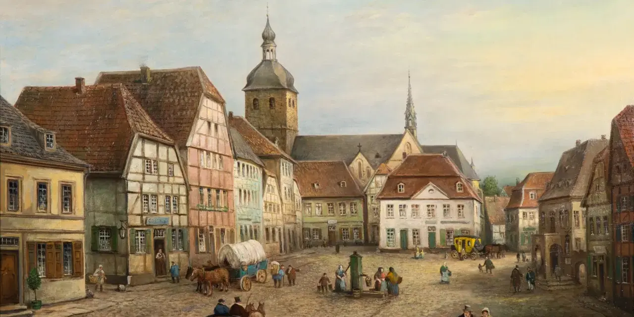 Gemälde eines belebten Marktplatzes in Recklinghausen mit Fachwerkhäusern, Kutschen und Menschen.