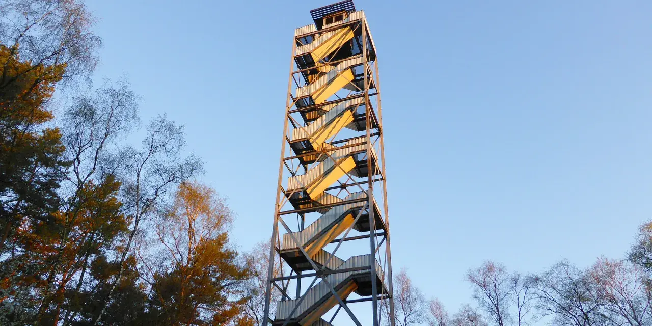 Der feuerwachturm Hohe Mark ragt mit seinen gewendelten Treppen in den blauen Himmel. Umgeben von kahlen Bäumen, verspricht er eine weite Aussicht.