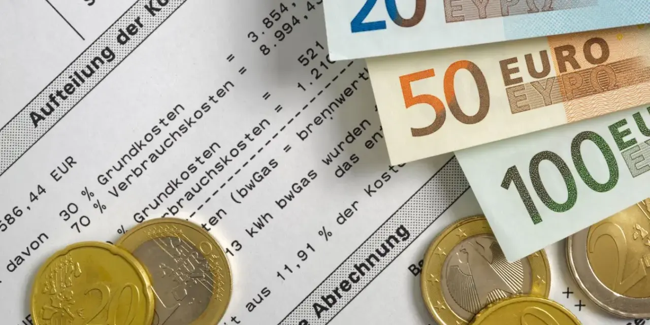 Euro-Scheine und Münzen liegen auf einer Nebenkostenabrechnung. Die Aufteilung der Kosten zeigt die Bedeutung von Mieterrechten bei der Abrechnung.