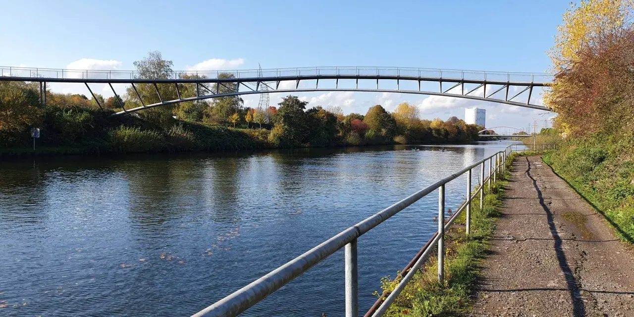 Ein Radweg am Rhein-Herne-Kanal führt unter einer modernen Brücke hindurch. Herbstlaub schmückt die Ufer.