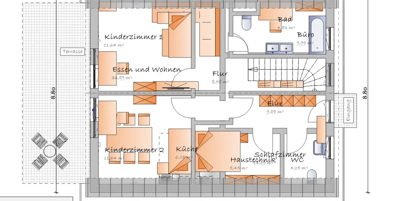 Grundriss planen: Haus mit zwei Kinderzimmern, Wohn-/Essbereich, Küche, Bad, Büro, WC, Flur und Terrasse.