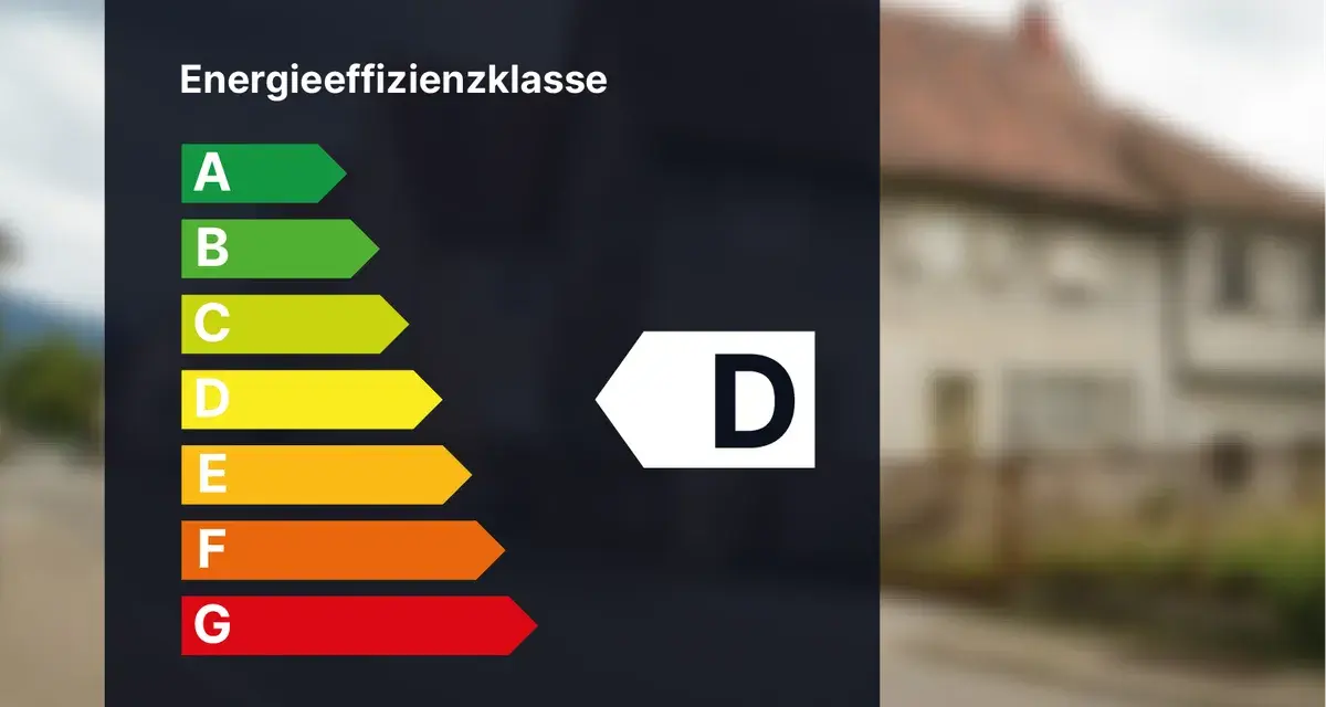 Energieeffizienzklasse D auf einem dunklen Hintergrund. Das Haus im Hintergrund hat eine braune Ziegeldach.