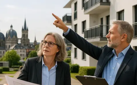 Immobilienpreise Aachen: Ein Mann zeigt auf ein neues Gebäude, während eine Frau Pläne studiert. Im Hintergrund die Aachener Domkuppeln.