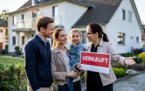 Glückliche Familie vor Haus mit "Verkauft"-Schild. Die Immobilienpreise in Siegen sind im Aufwind, und dieses Haus hat schnell einen neuen Besitzer gefunden.