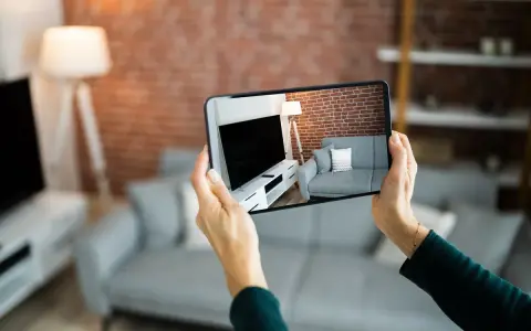 Hände halten Smartphone, das eine Wohnung mit Sofa und Fernseher zeigt. Darf ein Makler Fotos von meiner Wohnung machen? Ja, für die Vermarktung.