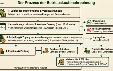 Ablauf der Betriebskostenabrechnung: Vorauszahlungen, Erfassung, Erstellung, Ergebnis. So können Sie Ihre nebenkostenabrechnung selber machen.