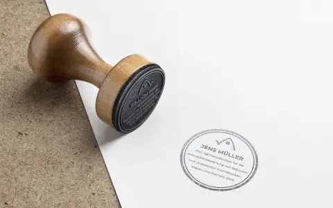 Holzstempel liegt auf Papier neben einem Stempelabdruck von Jens Müller, Sachverständiger für Immobilienbewertung. Infos zu Immobilienpreise Hamm.
