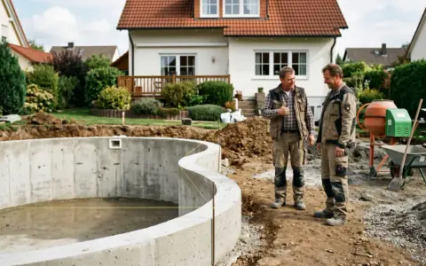 Zwei Bauarbeiter besprechen den Fortschritt eines Pools. Sie scheinen Wege zu finden, den **Bauzwang umgehen** zu können, indem sie kreative Lösungen für die Herausforderungen auf der Baustelle finden.
