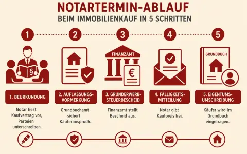 Ablauf beim Immobilienkauf: Notar liest Vertrag vor, Grundbuchamt sichert Anspruch, Finanzamt stellt Bescheid aus, Notar gibt Kaufpreis frei, Käufer wird im Grundbuch eingetragen. Notaranderkonto abgeschafft.