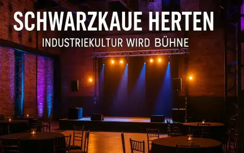 Bühne in der Schwarzkaue Herten, wo Industriekultur zum Leben erwacht. Tische und Stühle sind für Gäste bereit.
