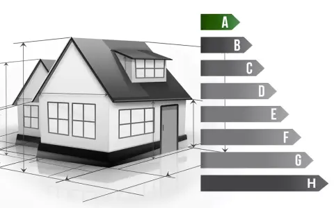 Ein Haus mit Messlinien und einer Skala von A bis H, die die energieeffizienzklasse haus darstellt.