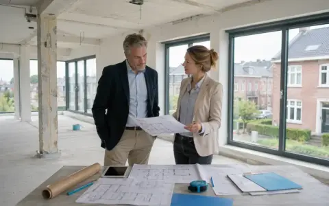 Architekten besprechen Pläne für die Umnutzung Gewerbe zu Wohnraum in einem Rohbau mit großen Fenstern und Blick auf Häuser.