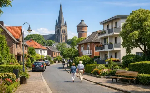 Idyllische Straße in Porta Westfalica mit Kirche und Wasserturm. Ein älteres Paar spaziert, während Autos parken. Der Mietspiegel Porta Westfalica spiegelt diese ruhige Wohngegend wider.