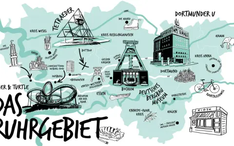 Karte des Ruhrgebiets mit Sehenswürdigkeiten wie dem Tetraeder Bottrop, dem Dortmunder U und dem Landschaftspark Duisburg-Nord.