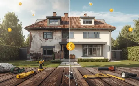 Vorher-Nachher-Vergleich: Ein altes Haus wird renoviert. Werkzeuge und Euro-Münzen symbolisieren die Kosten und den Wertzuwachs.